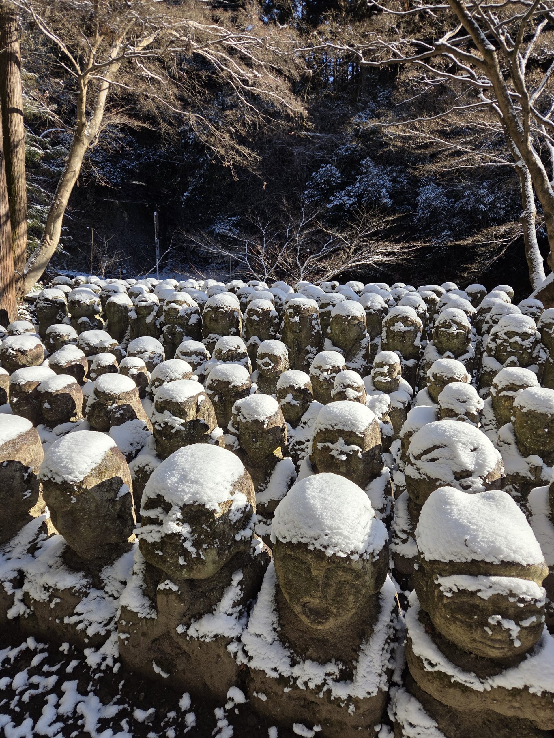 京都・愛宕念仏寺で雪をかぶった表情豊かな羅漢石像。冬ならではの静寂に包まれた風景。